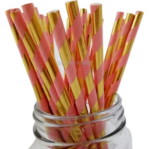 250pcs Free Shipping Foil Gold Striped Coral Blue Mint Paper Straws for Drinking of all Kinds