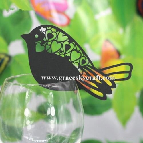 50pcs Free Shipping Lovely Birds Shaped laser Cut Place name Seat Birthday Wedding Invitation Cup Cards for Glass party supplies