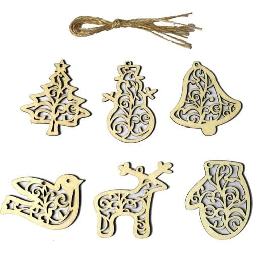6-pieces Wooden Christmas Tree Small Pendant Hangings Decorations Birds Bells Trees Elk Snowman Hanging Pendant