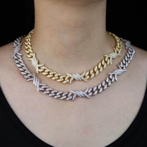 Iced out gold silver color wide cuban chain necklace for women lady hip hop cz jewelry with bling cz heavy twist charm chain
