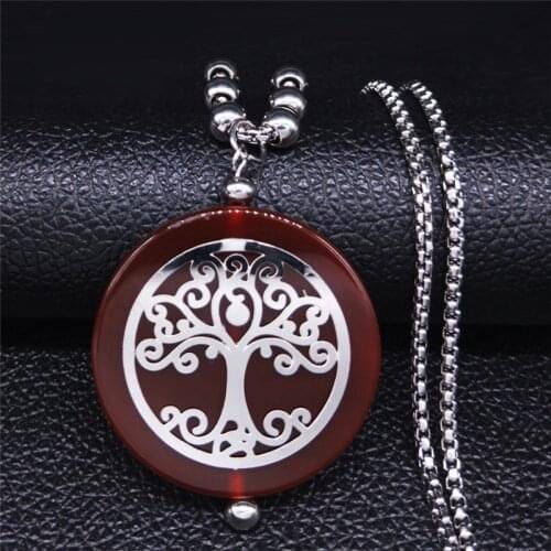 Tree of Life Stainless Steel Long Beeds Necklace Women Red Color Natural Stone Necklace Jewelry acier inoxydable bijoux NFA7S04