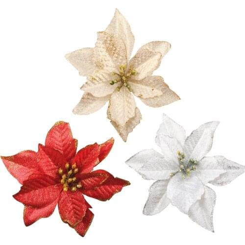 10pcs Artificial Flowers For Decoration Glitter Poinsettia Fake Flowers DIY Christmas Tree Home Wedding Decoration Flower Head 3