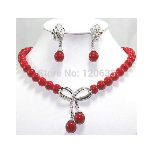 Reen gem White Pearl Red Coral Necklace Set Crystal Pendant Earrings hook..wholesale Luxury Girls Wedding