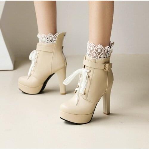 Short Round Four Seasons Womens Single Boots with Super High Heel Lace-up Marten Large Size -77-2