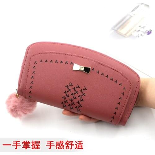 Wallet Women Fashion Bow Hairball Zipper Pu Leather Leaf Printing Long Female Coin Purses New Womens Clutch Bag Card Holder