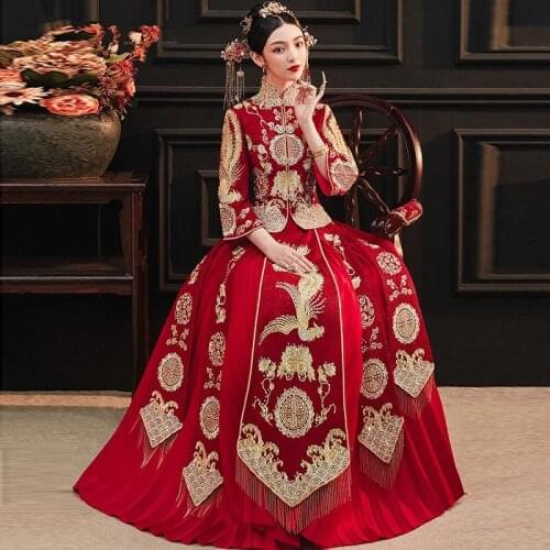 Red Embroidery Cheongsam Oriental Bride Wedding Dress Chinese Style Marriage Set Exquisite Bride Costume Toast Clothing S-3XL
