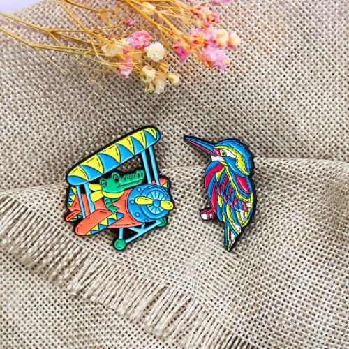 Colorful bird Mr. crocodile flying the plane Enamel Brooch Multicolored Woodpecker Retro glider Crocodile pilot Lapel Pin Badge
