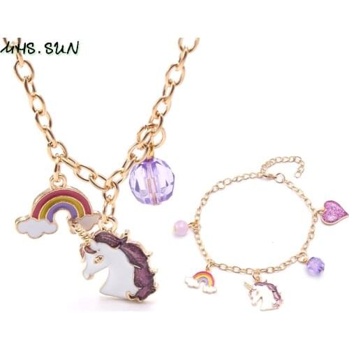 MHS.SUN Newest cute rainbow/unicorn pendant necklace jewelry set for kids girls fashion diy chain charms necklace bracelets gift