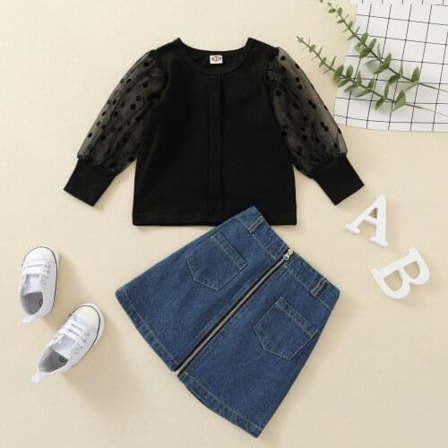 Fashion Girls Summer Clothes Long Sleeve Crew Neck Tops Zip Up Denim Skirt 2pcs Outfits Set Children Clothing for 2-6Y