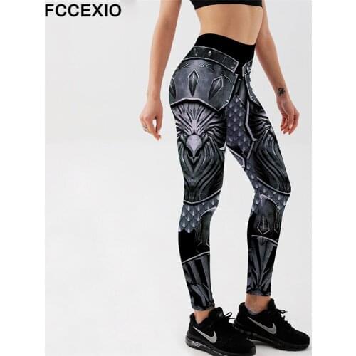 FCCEXIO New Arrival Womens Steel Armor Aagle Dark Leggings Digital Print Slim Trousers Stretch Pants Plus Size Fitness Leggings