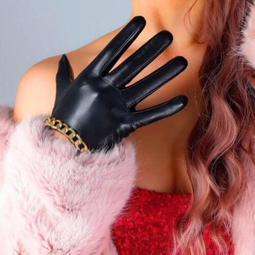 Touch Screen Real Leather Gloves Female Pure Sheepskin Black Gold Chains Short Thin Slim Women Leather Gloves WZP44