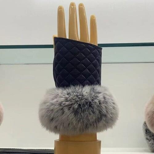 Genuine Sheep Leather Glove Half Finger Warm Winter Women Real Leather Gloves With Real Fur Cuff Female Hand Warmer