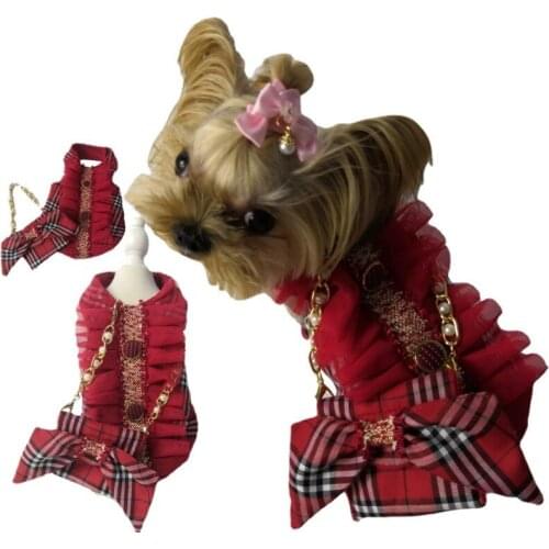 Handmade Dog Clothes with Bag Small Dog Collar for Girl Chihuahua Cat Plaid for Dogs Dog Harness and Leash Set
