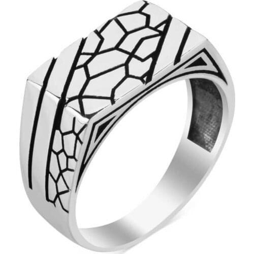Silver Men Patterned Ring Handcarved Dainty Men Ring High Quality Fashionable Made in Turkey