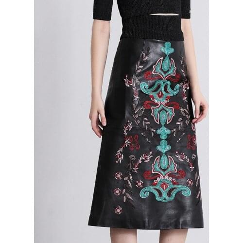 Autumn winter womens high quality embroidery pencil skirt Chic ladys elegant genuine leather skirts B342