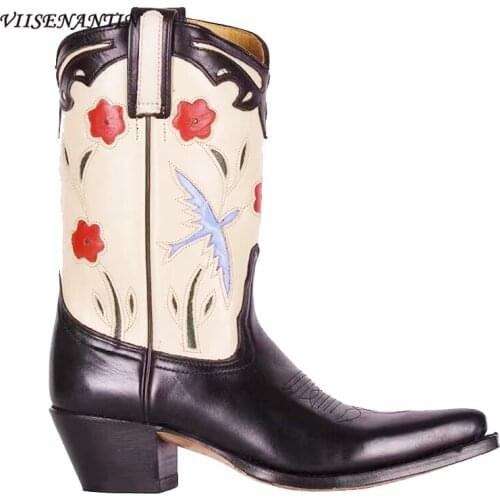 Pointed Thick Heel Heightening Embroidery Stitching Color Matching Mid-tube Western Boots Sleeve Flower Stitching Knight Boots
