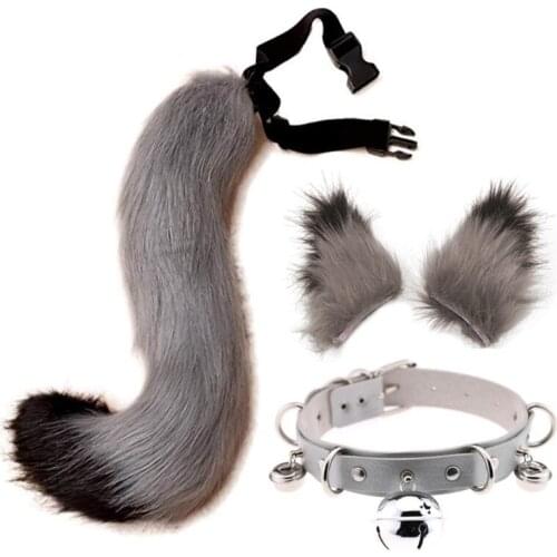 Faux Fur Kitten Wolf Long Tail Ears Hair Clips and Bell Faux Leather Neck Collar Choker Set Anime Halloween Party Cosplay Costum