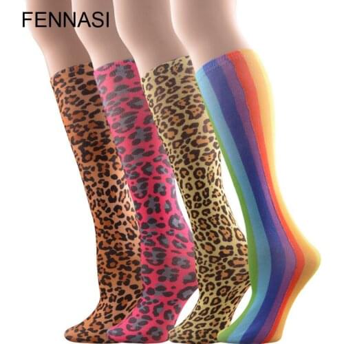 FENNASI Sexy Women Strip Rainbow Stockings Leopard Sport Knee Socks Autumn Warm Slim Stockings Casual Female Stockings