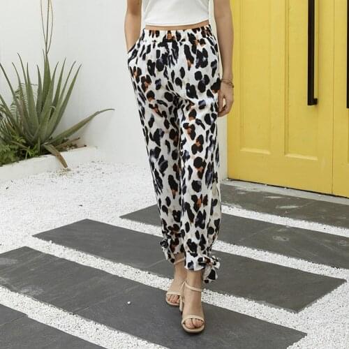 Ladies Leopard Elastic High Waist Joggers Sweatpants Lounge Loose Sexy Fit Jogger Pants Side Split Workout Trousers With Pockets