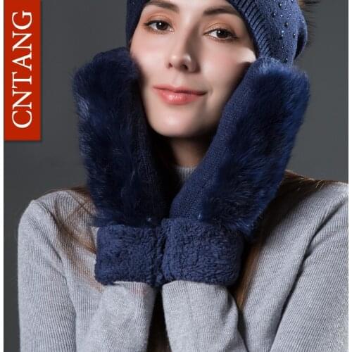 CNTANG Women Cute Real Rabbit Fur Gloves Autumn Winter Warm Wool Mittens Gloves For Ladies Fashion Knitted Velvet Female Gloves