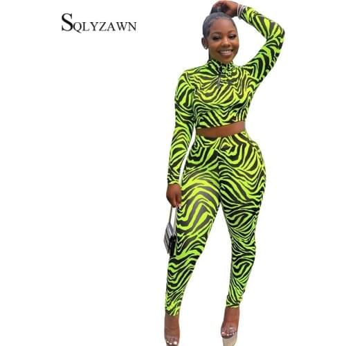 Womens Fashion Neon Green Stripe Two Piece Set Autumn Turtleneck Crop Top + Legging Pants Sexy Bodycon Matching Club Outfits