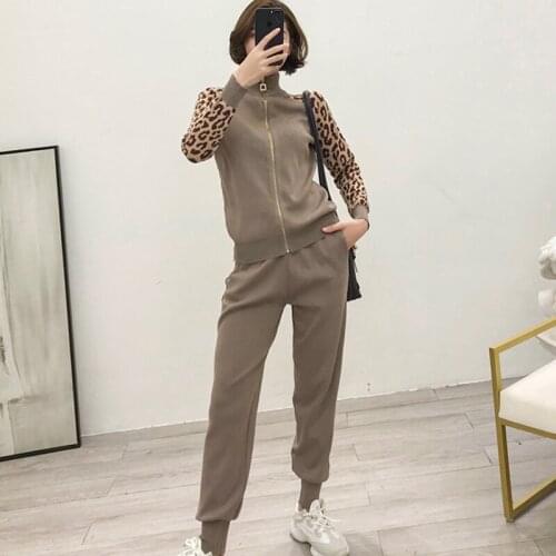 SHTONGHUA NEW Women 2019 Autumn patctwork Leopard Knit zipper Jacket Knitting Coat + Long Pants 2pcs Trousers Sets