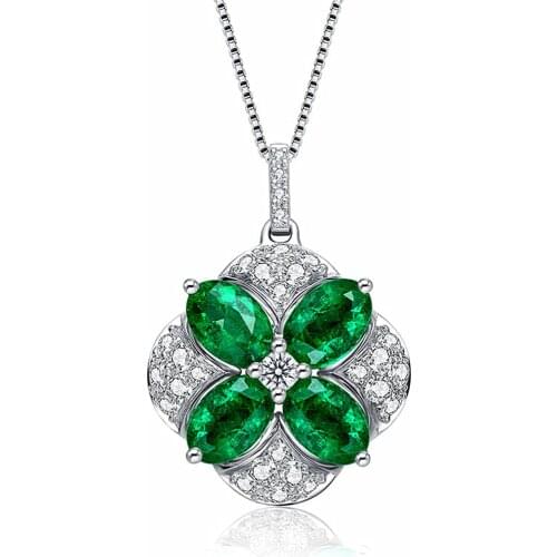 Vintage Flower Emerald Gemstones Diamond Pendant Necklaces For Women Green Crystal White Gold Silver Color Choker Jewelry Bijoux
