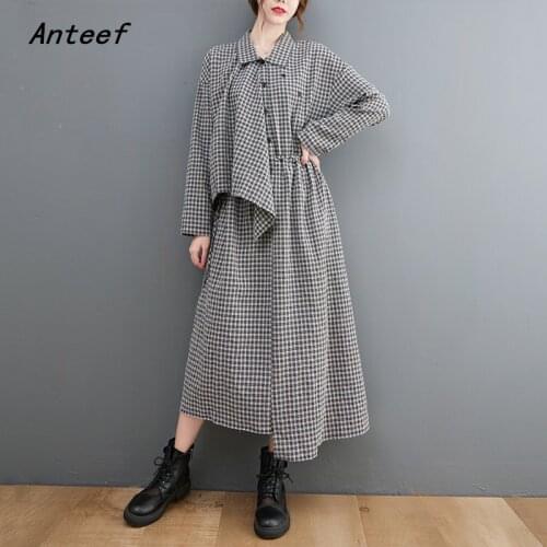 Long sleeve black plaid cotton vintage dresses for women casual loose spring autumn shirt dress elegant clothing 2021