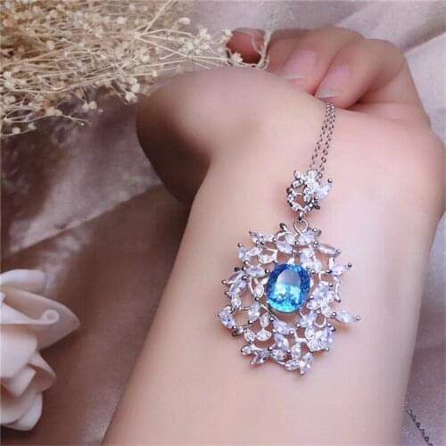 925 Sterling Silver Pendant Pear 8x10mm Real Natural blue Topaz 18K White Gold Plated Pendant for Girl with Chain