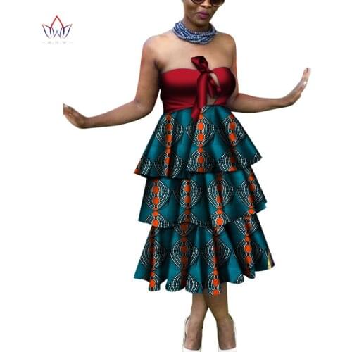 Bintarealwax African Dress for Women Africa Bazin Riche Print Elegant Strapless Lady Dress Plus Size Women Midi Dress WY6744