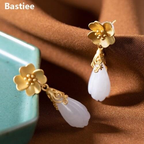 Bastiee Jade Drop Earrings For Women Studs Earings Silver 925 Jewelry Luxury Gold Plating Magnolia Flower Chinese Ethnic