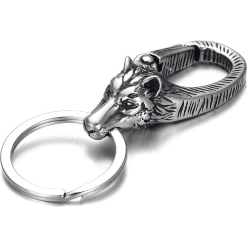 Stainless Steel Key Chains Mens Wolf Head Spring Fastener Key Ring Unique Car Keychain Key Finder Accessories