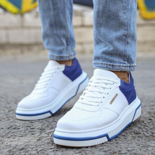Chekich Mens & Womens Shoes White and Navy Blue Artificial Leather Mixed Color Laces Summer Season Comfortable Sneakers Casual Lightweight Breathable Odorless Wedding Office Sport High Sole Footwears Formal CH075 V1