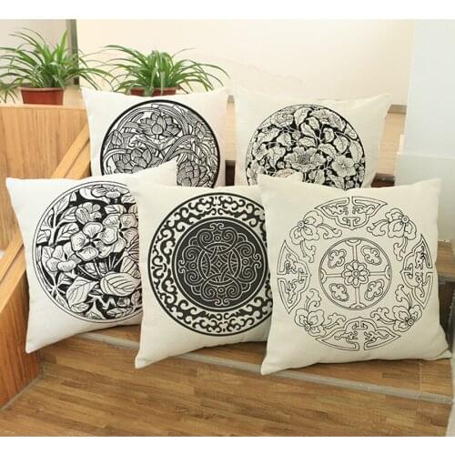 Black and white art Linen Cushion pillowcase Chinese Vintage Floral painting Style Home Decor Throw Pillow Cojines almofadas