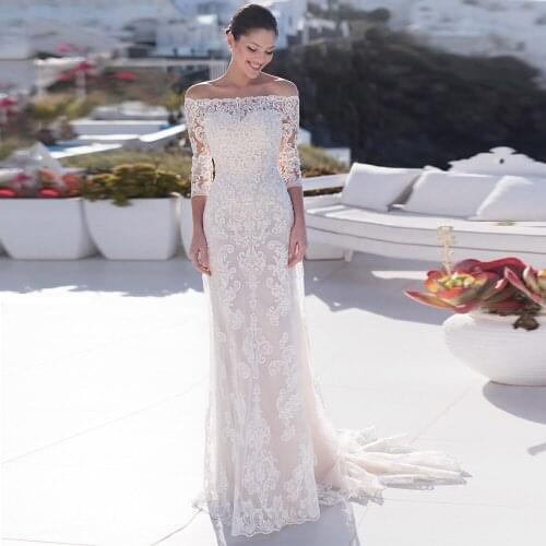 Elegant Lace Tulle Sheath Wedding Dresss Boat Neck Three Quarter Sleeve Applique Sweep Train Bridal Gowns Vestido de Novia