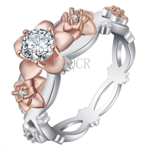 Exquisite Two Tone Floral Rings For Women White Gold Color Rose Flower Ring Engagement Wedding Bands Valentine Jewelry