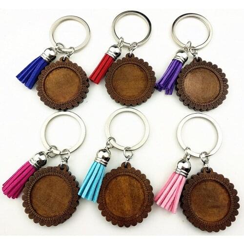 Jiangzimei 24pcs dark brown Round 25mm Wood Cabochon Stainless Steel Keychain Blank Wooden pendant with tassels Keyring