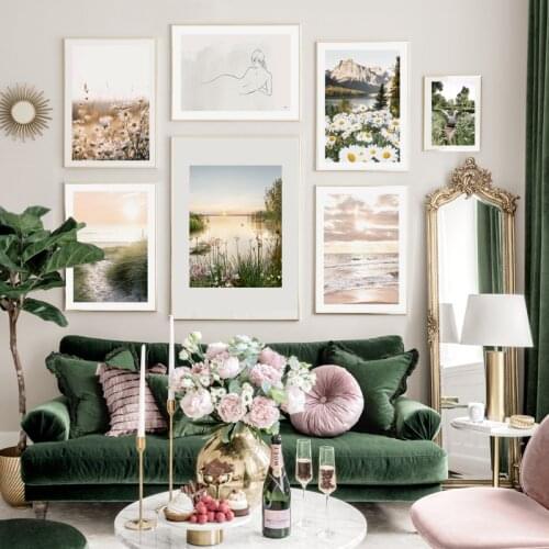 Sunset Lake Seaside Idyllic Natural Scenerye Wall Art Canvas Painting Print Nordic Landscape Poster Picture Living Room Decor