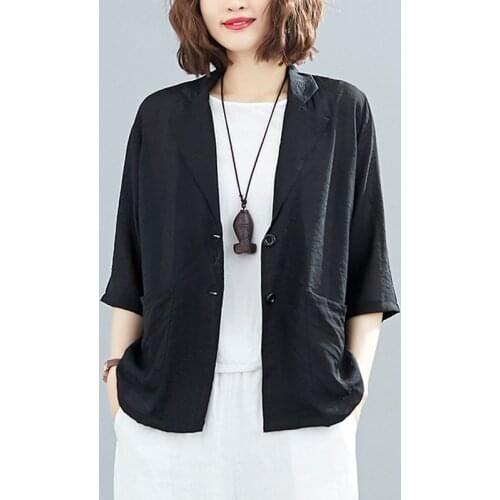 Women Cotton Linen Tailored Coats New Arrival 2021 Summer Simple Style Solid Color Loose Female Half Sleeve Casual Jackets S3552