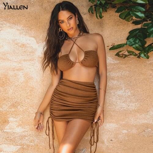 Yiallen Summer Sexy Solid Two Pieces Set Women Halter Sleeveless Crop Top And High Waist Side Drawstring Mini Skirt Lady Sets