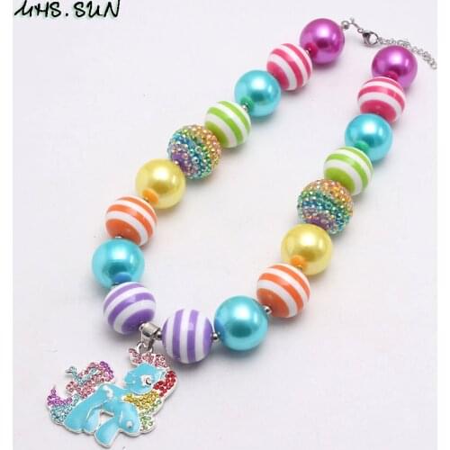 MHS.SUN baby kids chunky bubblegum beads necklace with cartoon horse pendants handmade girls jewelry choker for party gift 1pc