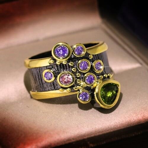 Trendy Female Creative Finger Ring Vintage Two Tone Tungsten Multicolor Crystal Wedding Rings for Women Personality Jewelry