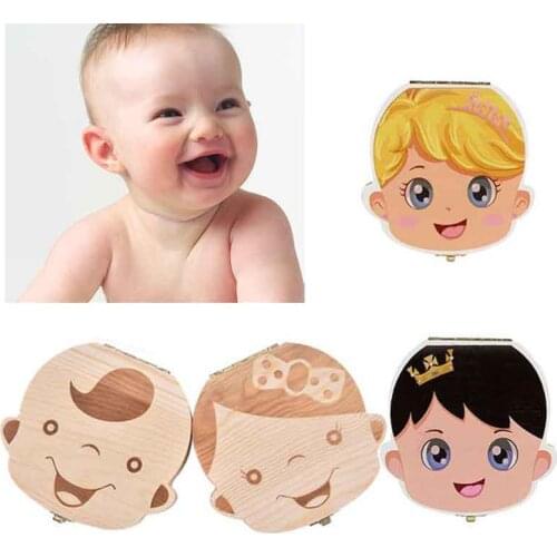 Fallen Tooth Box Storage English Spanish Russian French Italian GermanText Baby Boy Girl Wood Case Save Milk Teeth Holder