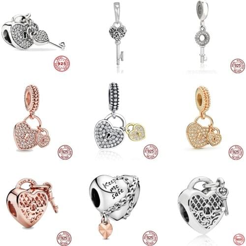 Paylor 925 Sterling Silver Lucky Key Lock Love Haert Dangle Charm Fit Original Pandora Beads Bracelet DIY Women Jewelry Making