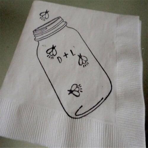 Personalized Cocktail Napkins Rustic White Mason Jar Firefly Wedding 3 Ply Paper Beverage with Custom initials Woodland Wedding