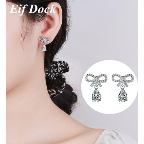 Eif Dock Delicate Silver Color Bow Tie Cubic Zirconia Earrings Crystal Waterdrop Geometric Shape Stud Earrings For Women Fashion