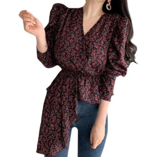2021 New V-neck Puff Sleeve Floral Printing Chiffon Blouse Irregular Ruffles Peplum Top Long Sleeve Women Shirts Chemise Blusa