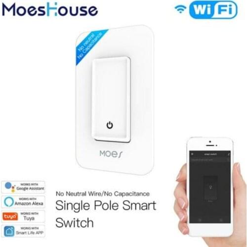 10A Tuya WiFi Smart Switch No Neutral Wire Single Fire US Single Pole Samrt Push Button Swich App Control For Alexa Google Home