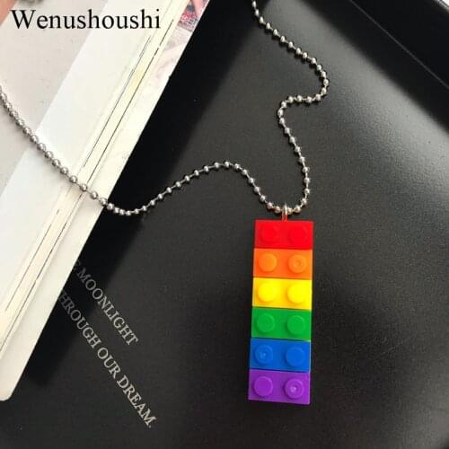 Titanium chain fashion Childlike Acrylic rainbow building blocks necklaces women creative novelty toy brick necklace men di129
