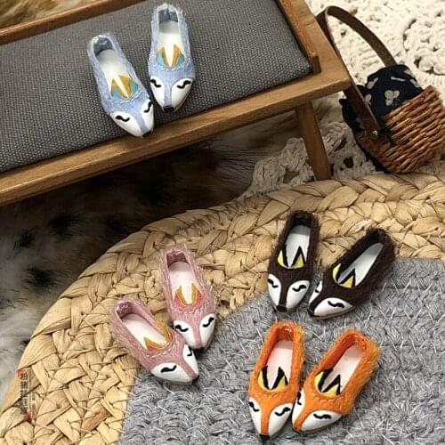 Blythes Doll Shoes fit a 1/6 size stylish joker pointed one-foot shoe with imitation cartoon fox hair shoes in yellow pink